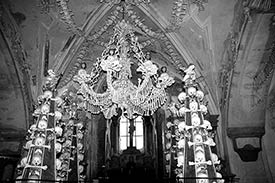 chandelier and crucifix, bone church, czech republic