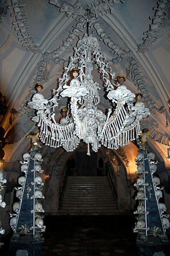 Human Bone Chandelier, sedlec ossuary, bone church, chapel photograph